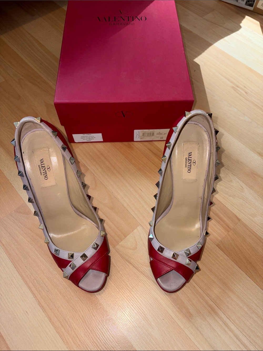 Valentino Red and Beige Rockstud Peep-Toe Pumps